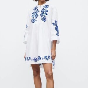 NEW Zara women’s white poplin blue detailing mini dress swimsuit cover size XS